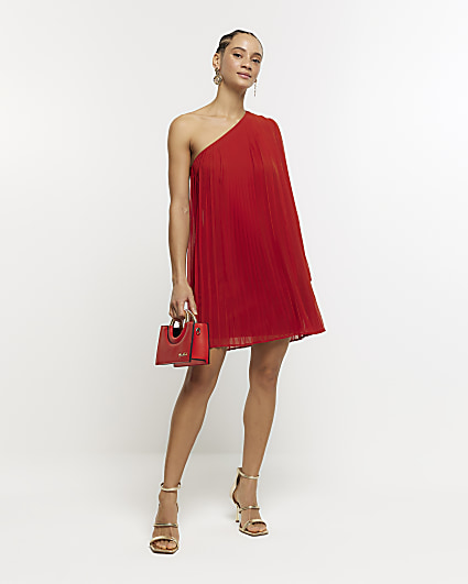 Red plisse one shoulder shift mini dress