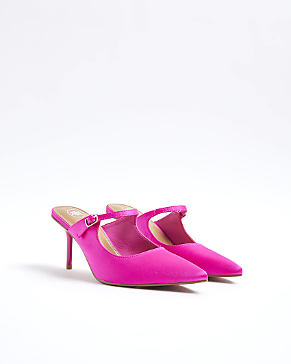 Pink satin mary jane heeled mule shoes