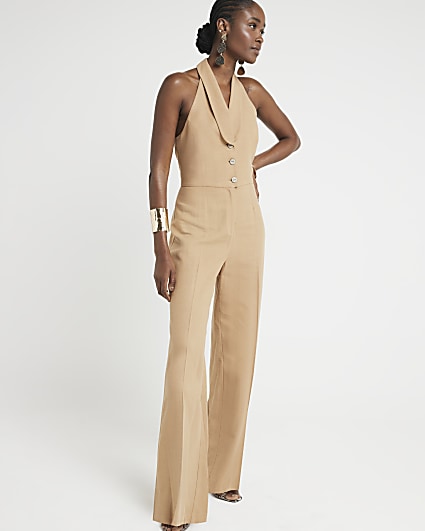 Beige Halter Neck Waistcoat Jumpsuit