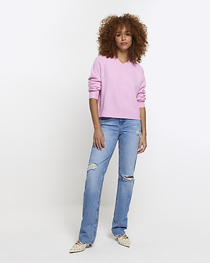 Pink Knit V neck Jumper