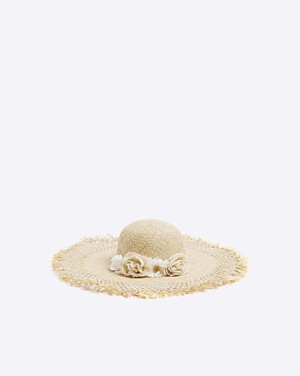 White Flower Trim Straw Hat