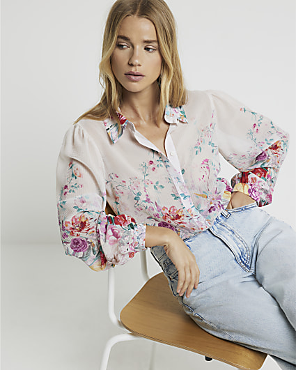 Pink chiffon floral long sleeve shirt