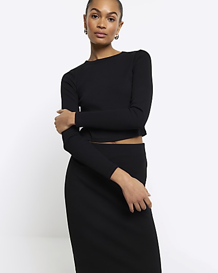 Black Long Sleeve ribbed Cropped Top