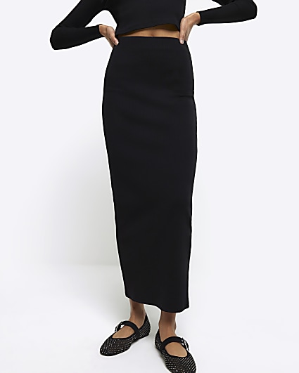 Black Rib Pencil Midi Skirt