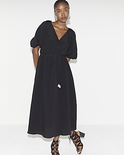 Black belted puff sleeve shift midi dress