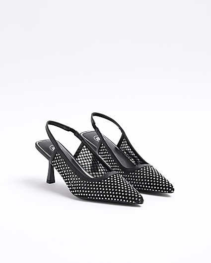 Black diamante mesh heeled court shoes