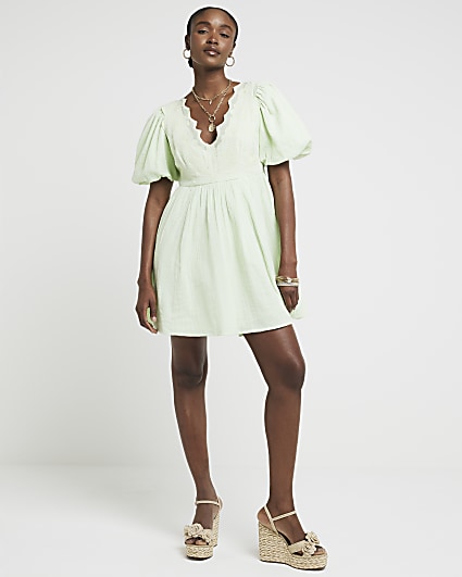 Green embroidered smock mini dress