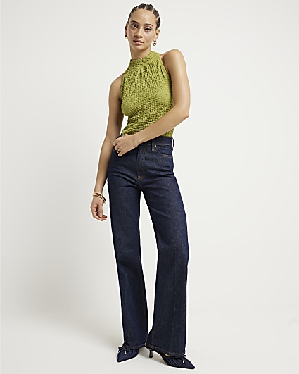 Green halter neck textured top