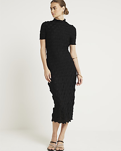 Black textured bodycon midi dress