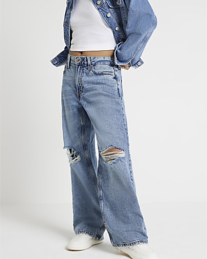 Petite blue ripped relaxed straight jeans