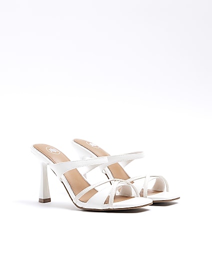 White cross strap heeled mule sandals