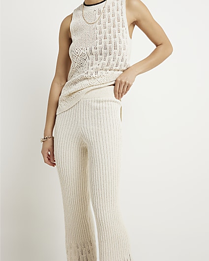 White crochet stitch detail wide leg trousers