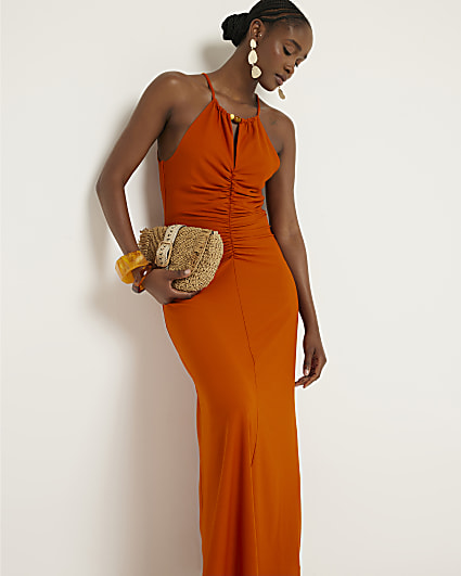 Rust ruched halter neck bodycon maxi dress