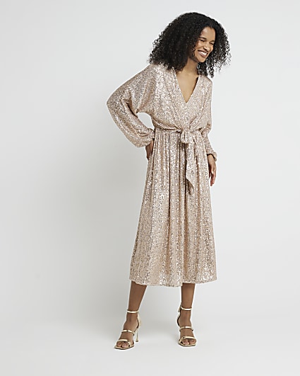 Rose gold sequin tie front swing midi dress