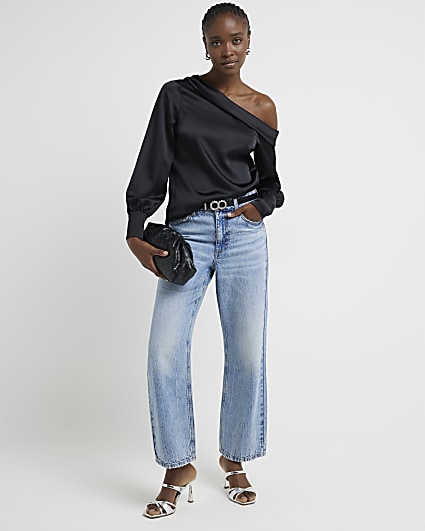 Black satin off shoulder blouse