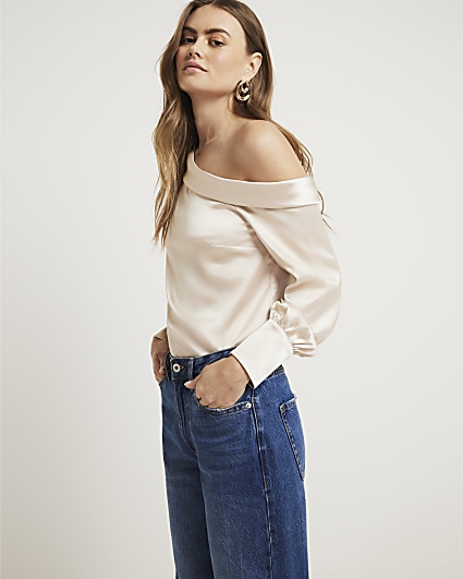 Beige satin off shoulder top