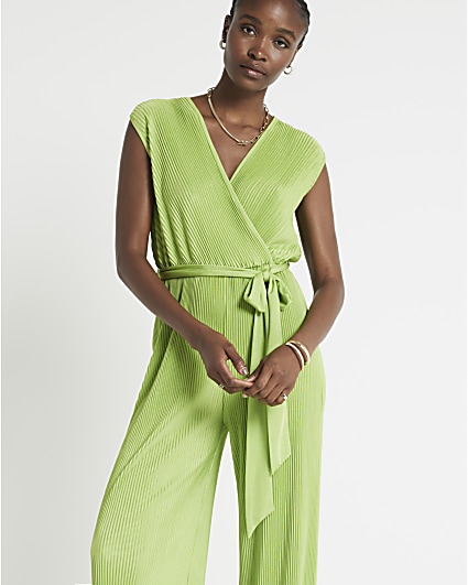 Green plisse belted wrap jumpsuit