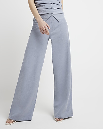 Blue Textured Wide Leg Trousers