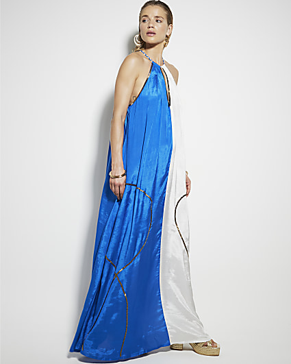 Blue colour block halter maxi dress