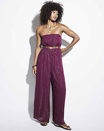 Red Metallic Stripe Beaded Cut Out Jumpsuit