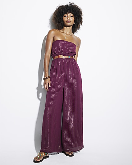 Red Metallic Stripe Beaded Cut Out Jumpsuit