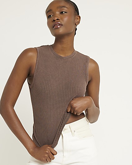 Brown ribbed washed tank top