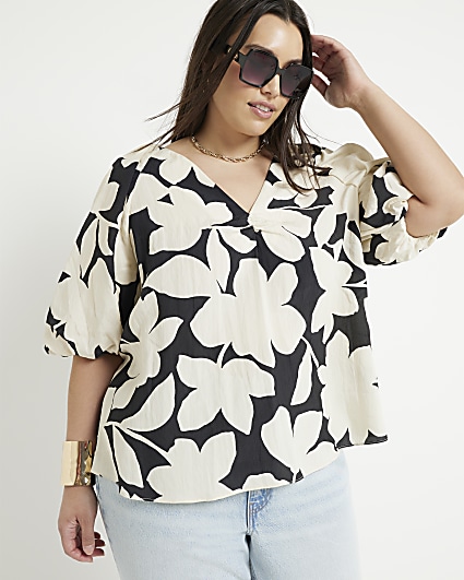 Plus black floral puff sleeve blouse