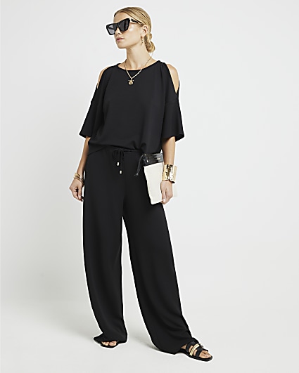 Black textured wide leg trousers