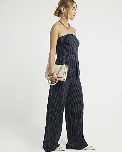 Navy Stripe Wide Leg Trousers