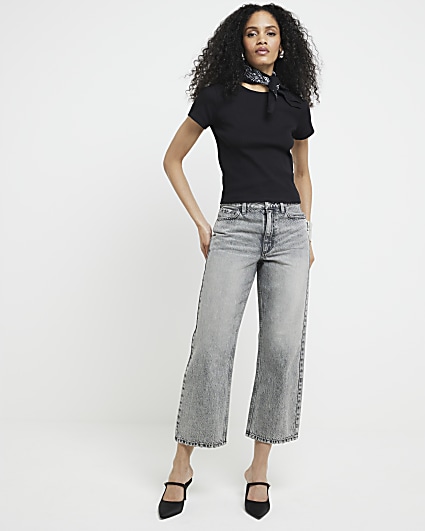 Grey relaxed straight fit cropped jeans