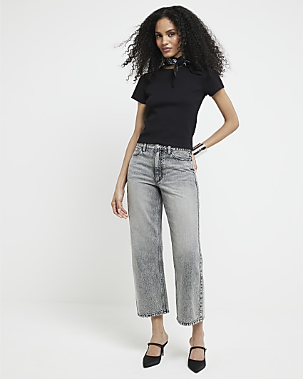 Grey relaxed straight fit cropped jeans