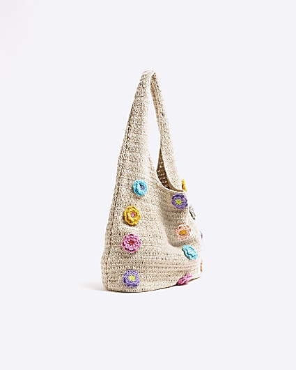 Beige Crochet Flower Shopper Bag