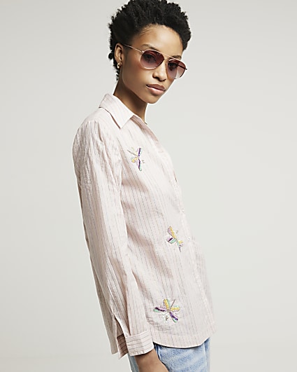 Pink stripe embroidered shirt