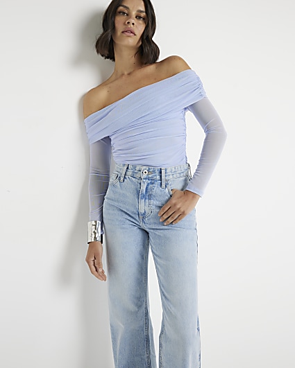 Blue mesh ruched bardot top