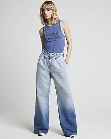 Blue Mid Rise Tailored Wide Fit Jeans