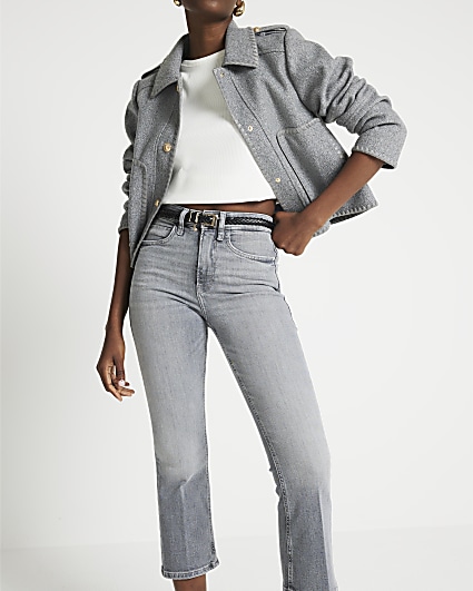 Grey high waisted cropped flare jeans