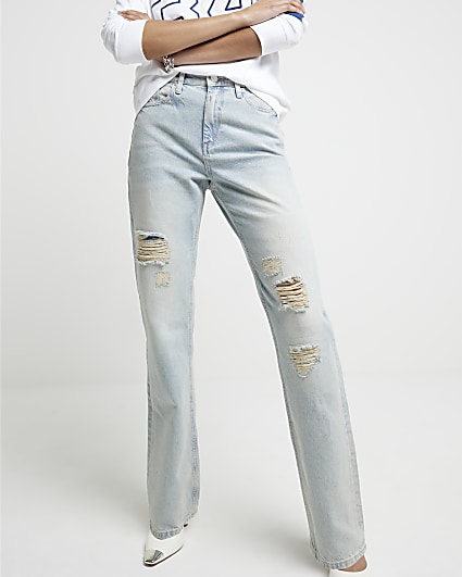 Blue high rise straight fit ripped jeans