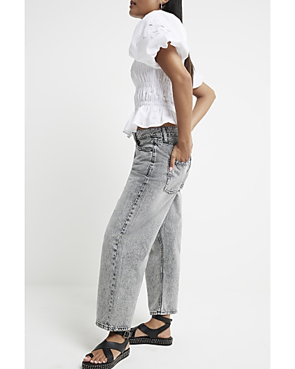 Petite Grey Relaxed Straight Fit Crop Jeans