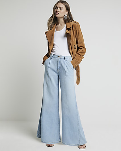 Blue mid rise tailored wide fit jeans