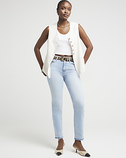 Blue high waisted slim fit straight leg jeans