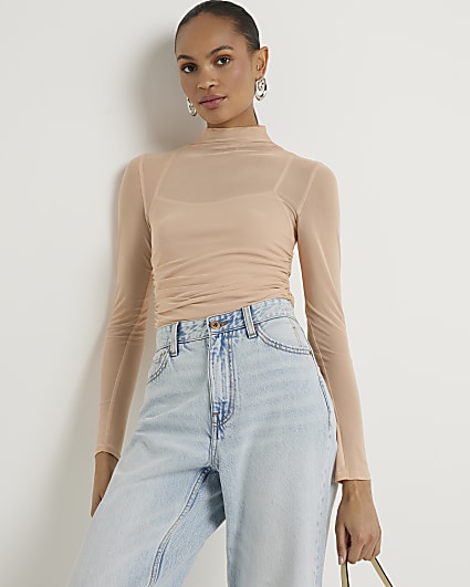 Pink mesh ruched long sleeve top