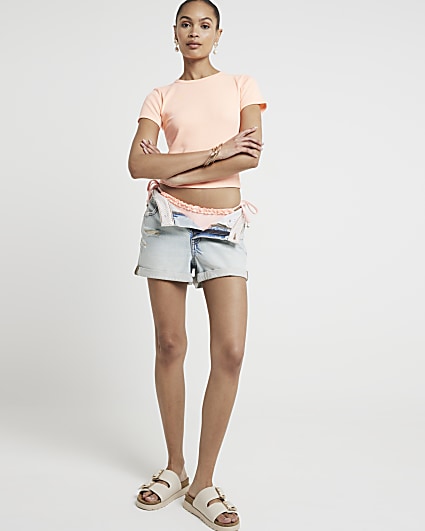 Pink Ribbed Cropped T-Shirt