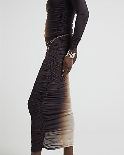 Brown mesh ombre ruched maxi skirt