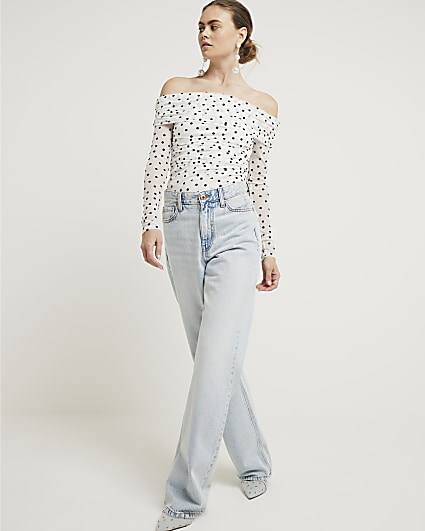 White ruched spot bardot top