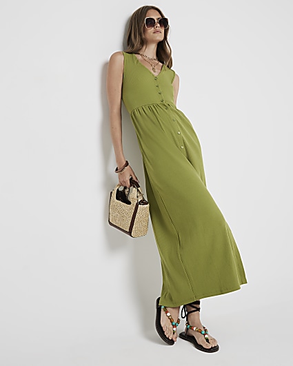 Green ribbed button up skater midi dress