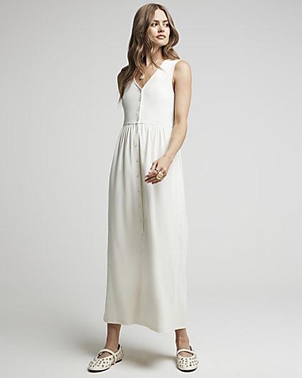 Cream ribbed button up skater midi dress