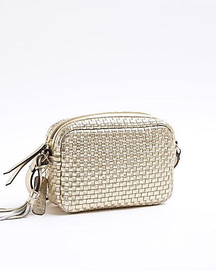 Gold Leather Woven Cross Body Bag