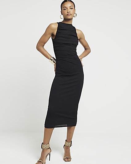 Black Midi Dress - Runched Bodycon Dress - Square Neckline Glitter