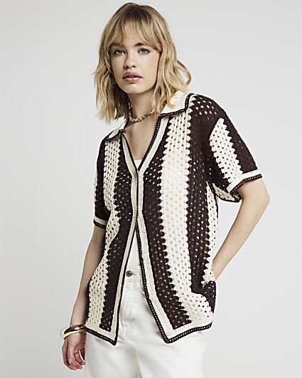 Brown crochet stripe polo shirt