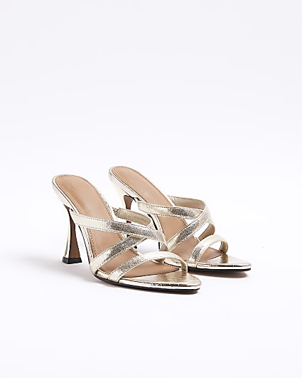 Gold strappy flare heeled mule sandals